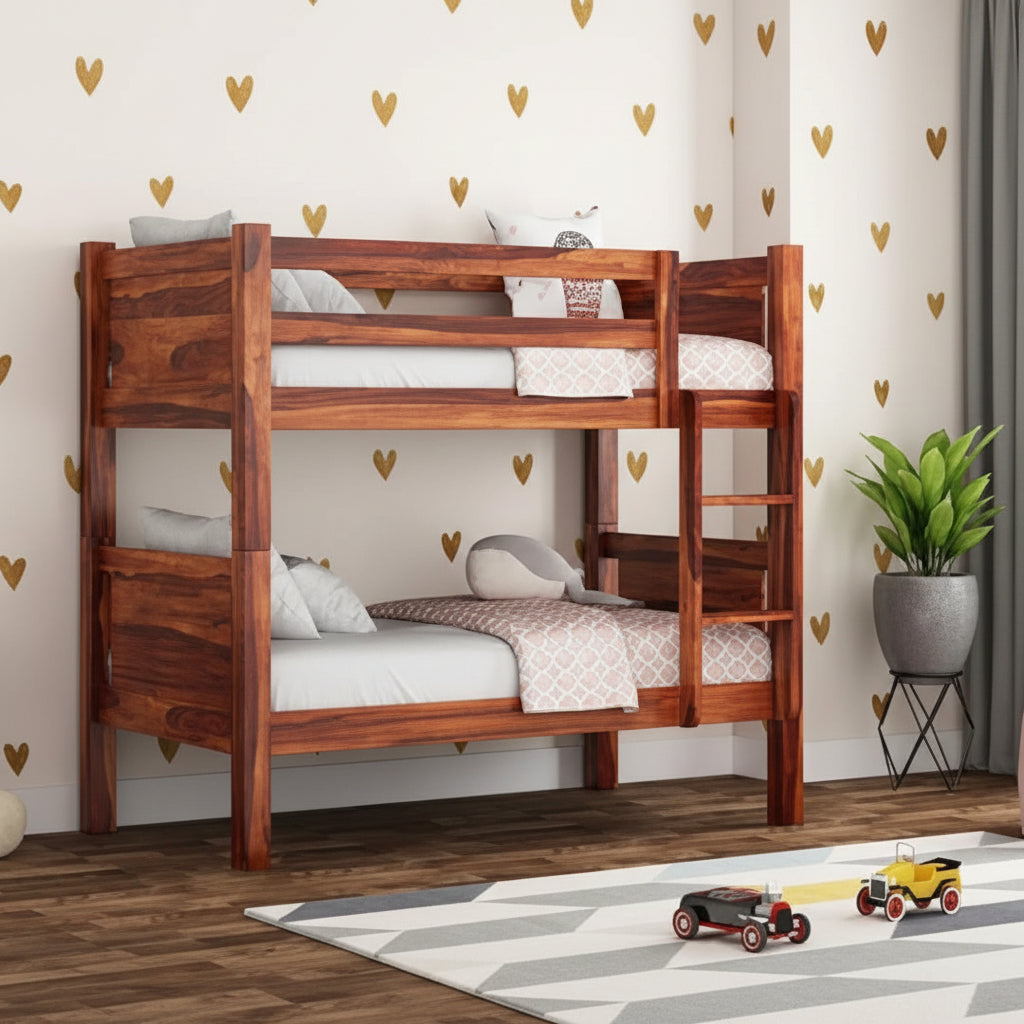 Wooden bunk bed in a room with heart-patterned wallpaper, toys, and a plant.