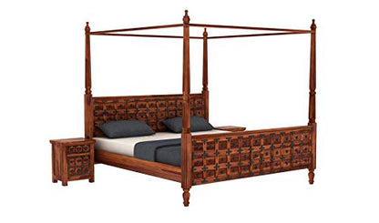 Example product Poster Bed Solid Sheesham Wood Queen Size Bed for Bedroom, Wooden Double Bed Without Storage Cot Furniture 1 Year Warrenty (Queen, Honey)