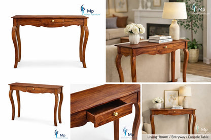 Solid Polished Wood Style Teak Finish Wall Side Console Table for Living Room Bedroom (40x100x75 cm)