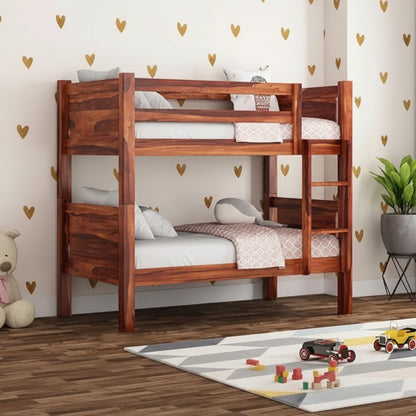Sheesham Wood Bunk Bed with Trundle - Wooden Kids Bed with Ladder Honey Finish