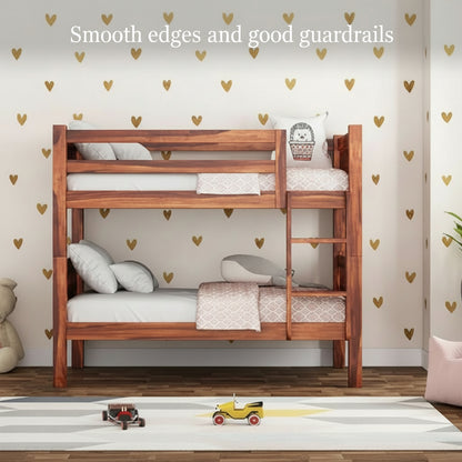 Wooden bunk bed with safety features highlighted against a heart-patterned wall.