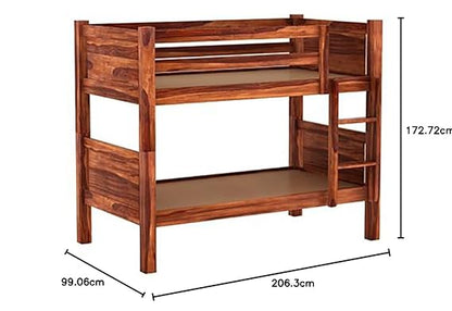 Sheesham Wood Bunk Bed with Trundle - Wooden Kids Bed with Ladder Honey Finish