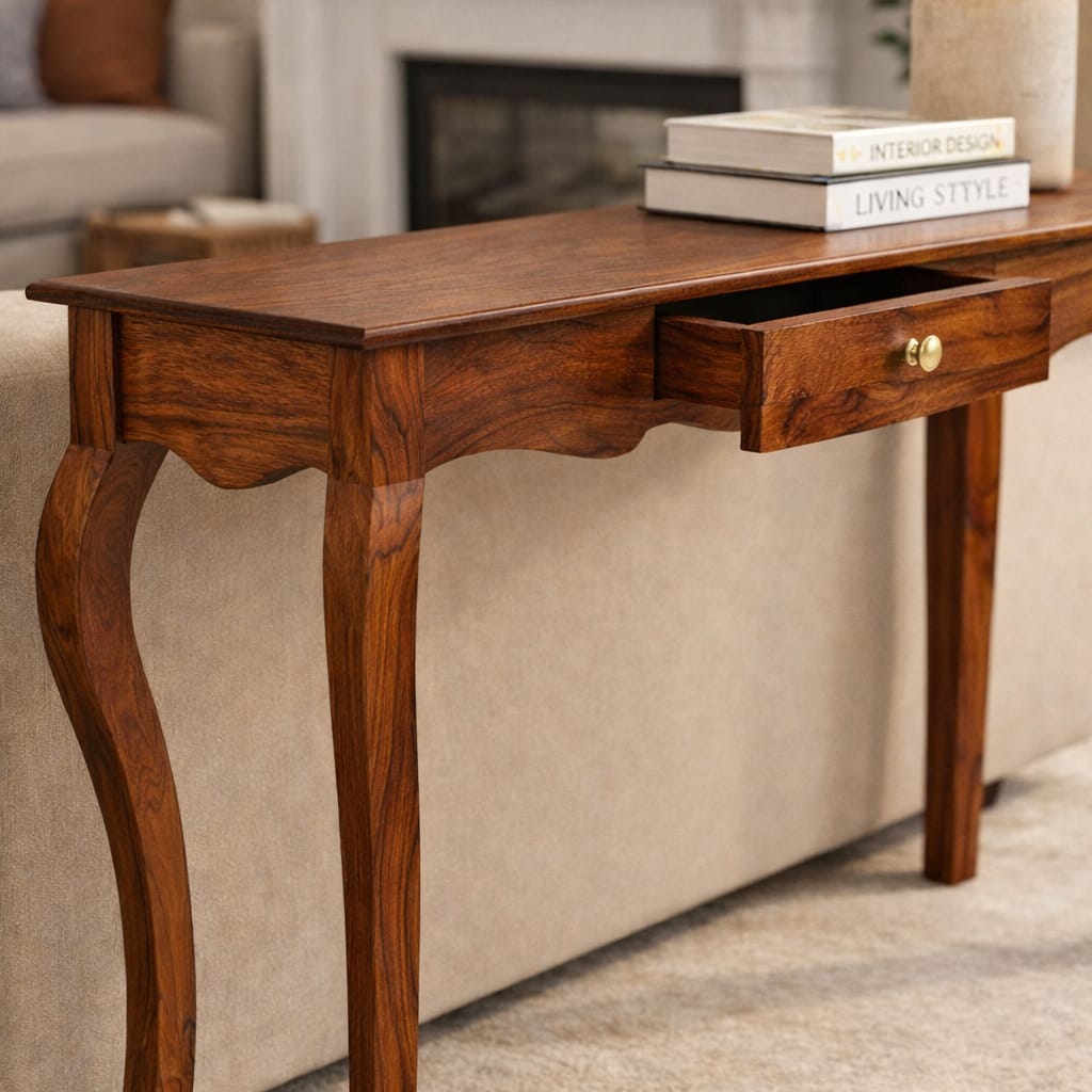 Solid Polished Wood Style Teak Finish Wall Side Console Table for Living Room Bedroom (40x100x75 cm)