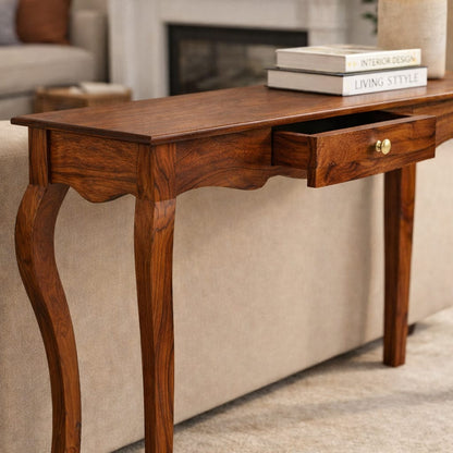 Solid Polished Wood Style Teak Finish Wall Side Console Table for Living Room Bedroom (40x100x75 cm)