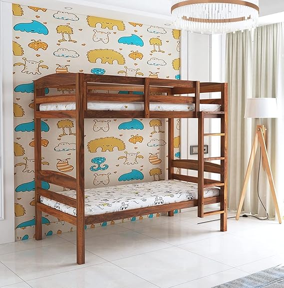 Sheesham Wood Bunk Bed with Trundle - Twin Over Full Solid Wood Bunk Bed for Kids