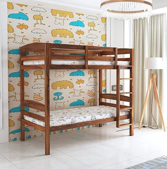 Sheesham Wood Bunk Bed with Trundle - Twin Over Full Solid Wood Bunk Bed for Kids