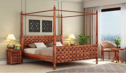 Example product Poster Bed Solid Sheesham Wood Queen Size Bed for Bedroom, Wooden Double Bed Without Storage Cot Furniture 1 Year Warrenty (Queen, Honey)