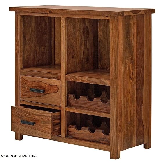 Solid Sheesham Wood Stylish Bar Cabinet for Living Room | Wine Storage| Brown Finish