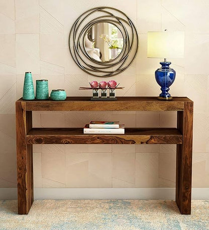 Solid Sheesham Wood Style Teak Finish Wall Side Console Table for Living Room Bedroom (112x30x75 cm)