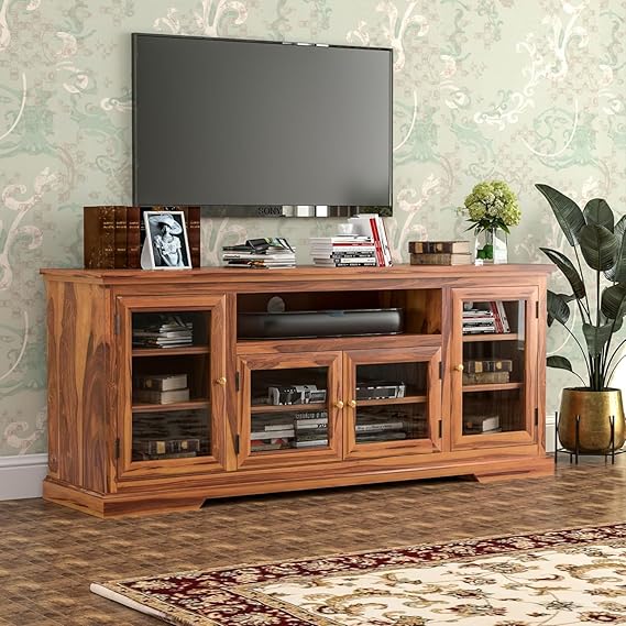 MP Wood Furniture Sheesham Wood TV Unit for Living Room (Honey)- Set Of 1