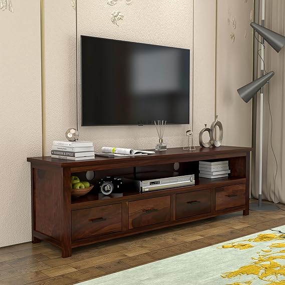 Sheesham Solid Wood Meter Dolly 4 Draw TV Unit Cabinet Entertainment Stand for Bedroom/for Living Room (Dark Brown)