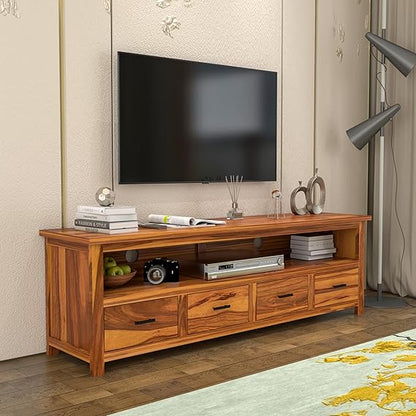 Sheesham Solid Wood Meter Dolly 4 Draw TV Unit Cabinet Entertainment Stand for Bedroom/for Living Room (Honey)