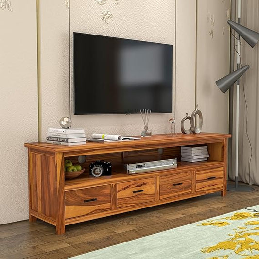 Sheesham Solid Wood Meter Dolly 4 Draw TV Unit Cabinet Entertainment Stand for Bedroom/for Living Room (Honey)
