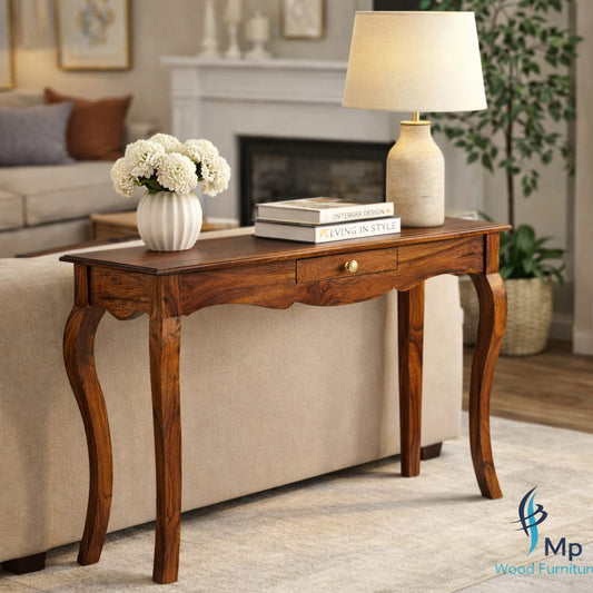 Solid Polished Wood Style Teak Finish Wall Side Console Table for Living Room Bedroom (40x100x75 cm)