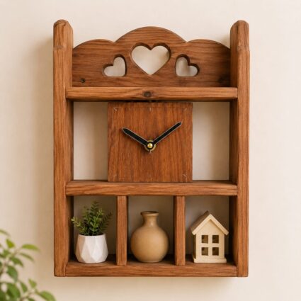 Handcrafted Sheesham Wood Wall Clock Shelf with Key Holder and Storage Rack
