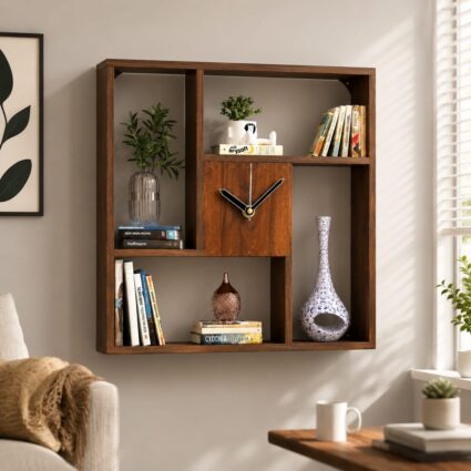 Solid Sheesham Wood Wall Shelf with Clock 21x21x4 Inch ✅