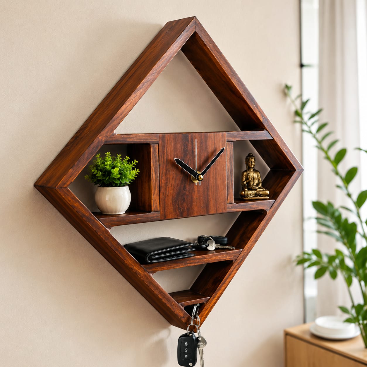 WhatsApp Image 2026-06-02 at 5.41.02 PM (1) MP Wood Furniture Solid Sheesham Wood Wall Shelf with Clock and Key Holder