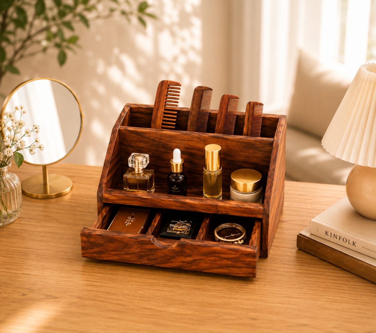 WhatsApp Image 2026-06-06 at 8.46.42 PM (1) Sheesham Wood Comb Stand Organizer with Drawer Honey Finish for Dressing Table