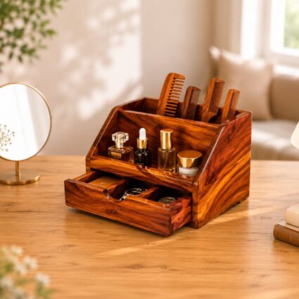 Sheesham Wood Comb Stand Organizer with Drawer Honey Finish for Dressing Table