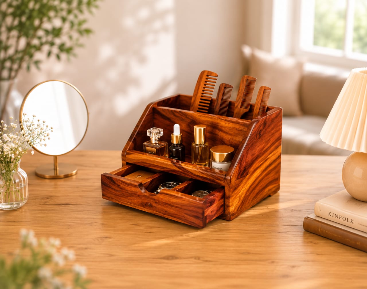 WhatsApp Image 2026-06-06 at 8.46.42 PM Sheesham Wood Comb Stand Organizer with Drawer Honey Finish for Dressing Table