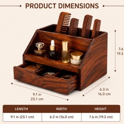 Sheesham Wood Comb Stand Organizer with Drawer Honey Finish for Dressing Table